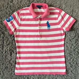 Ralph Lauren Women’s Polo Shirt XL Pink White Striped Blue Pony #3 Sleeve